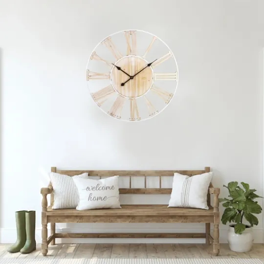Kirkland's Home Round White Metal And Wood Wall Clock- Clocks