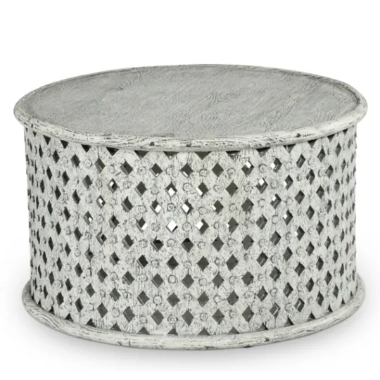 Kirkland's Home Round White Wood Lattice Coffee Table- Coffee Tables