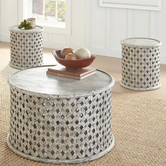 Kirkland's Home Round White Wood Lattice Coffee Table- Coffee Tables