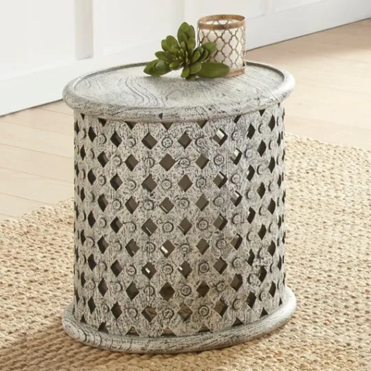 Kirkland's Home Round White Wood Lattice Accent Table- Accent & End Tables