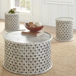 Kirkland's Home Round White Wood Lattice Accent Table- Accent & End Tables