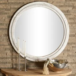 Kirkland's Home Round Whitewash Beaded Wall Mirror- Decorative Mirrors