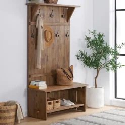 Kirkland's Home Rustic Acacia Wood Hall Tree- Entryway Furniture