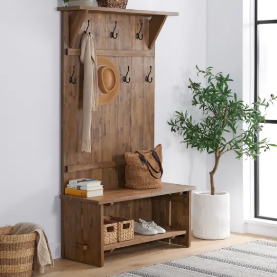 Kirkland's Home Rustic Acacia Wood Hall Tree- Entryway Furniture