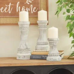 Kirkland's Home Rustic Gray Carved 3-Pc. Candle Holder Set- Candle Holders