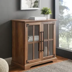 Kirkland's Home Rustic Oak Finish Window Pane Cabinet- Cabinets & Sideboards