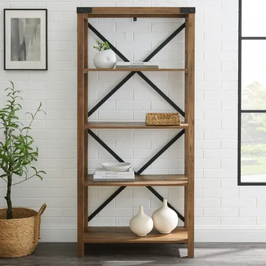 Kirkland's Home Rustic Oak Metal X Frame Back Bookshelf- Office Furniture