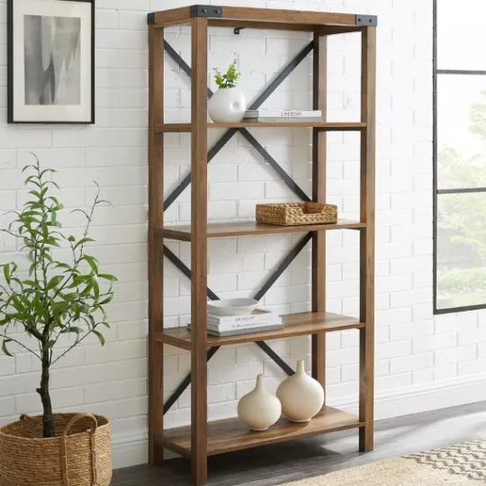Kirkland's Home Rustic Oak Metal X Frame Back Bookshelf- Office Furniture