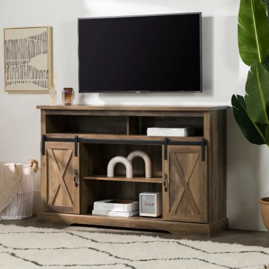 Kirkland's Home Rustic Oak Sliding Barn Door Highboy Tv Stand- Tv Stands & Media Consoles