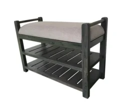 Kirkland's Home Rustic Slats Dark Acacia Wood Upholstered Bench- Benches & Ottomans
