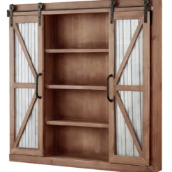 Kirkland's Home Rustic Walnut Sliding Metal Door Cabinet- Cabinets & Sideboards