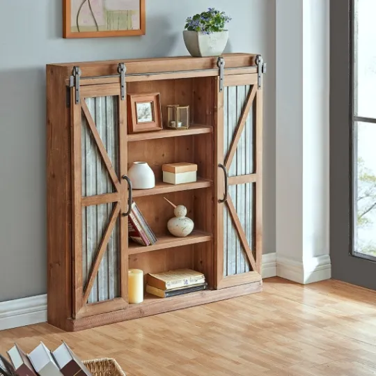 Kirkland's Home Rustic Walnut Sliding Metal Door Cabinet- Cabinets & Sideboards