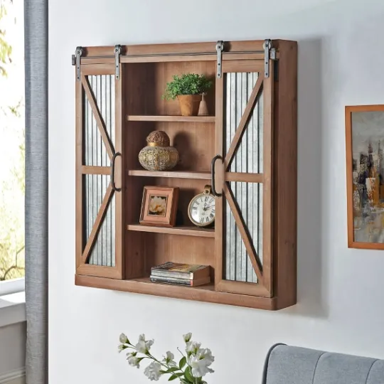 Kirkland's Home Rustic Walnut Sliding Metal Door Cabinet- Cabinets & Sideboards
