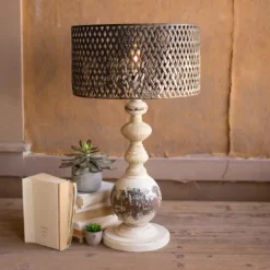 Kirkland's Home Rustic White Table Lamp With Woven Metal Shade- Table Lamps