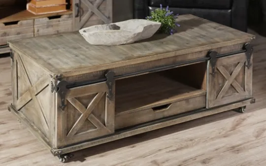 Kirkland's Home Rustic Wood Rolling Barn Door Coffee Table- Coffee Tables