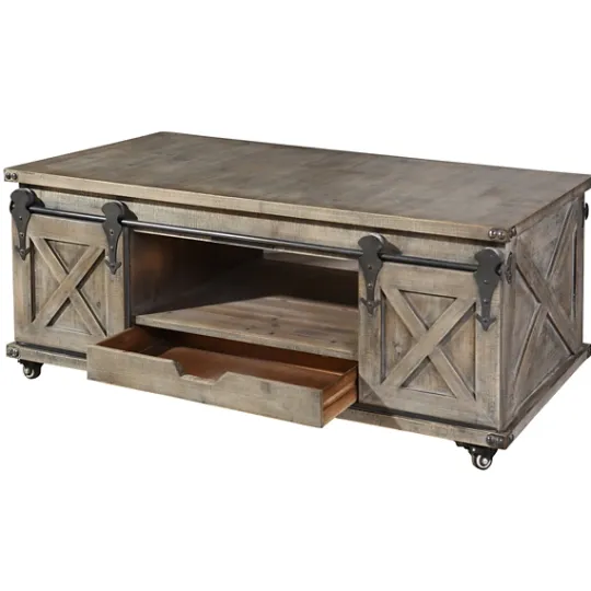 Kirkland's Home Rustic Wood Rolling Barn Door Coffee Table- Coffee Tables