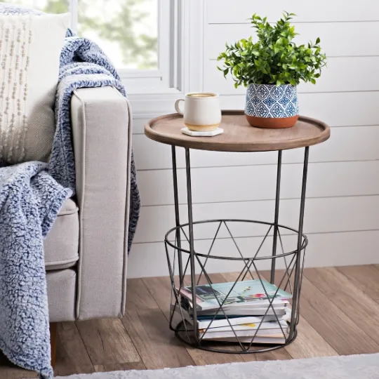 Kirkland's Home Side Table With Metal Wire Basket- Accent & End Tables