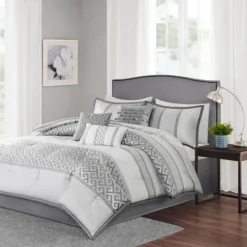 Kirkland's Home Silver Geometric Stripes 7-Pc. Queen Comforter Set- Comforters