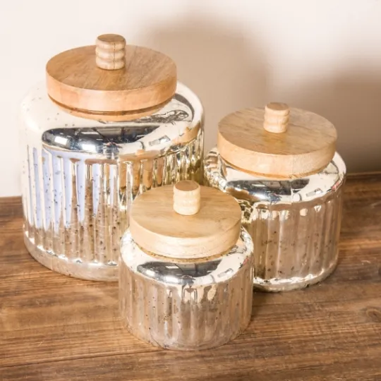 Kirkland's Home Silver Glass Jars With Wooden Lids, Set Of 3- Decorative Bowls & Jars