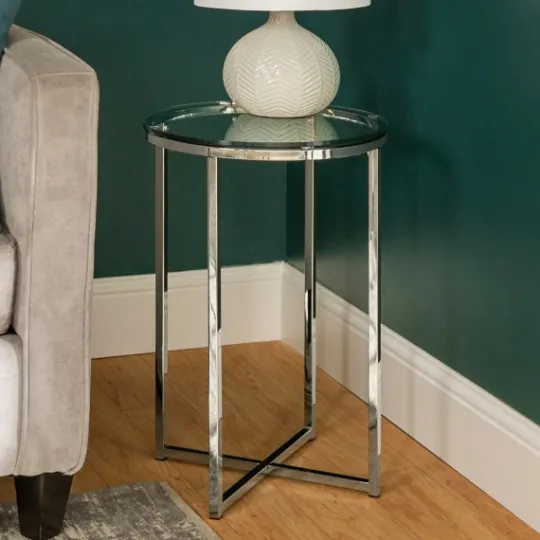 Kirkland's Home Silvery Glass Top X Base Round Accent Table- Accent & End Tables