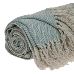 Kirkland's Home Sky Blue Chevron Cotton Handloomed Tassel Throw- Blankets & Throws