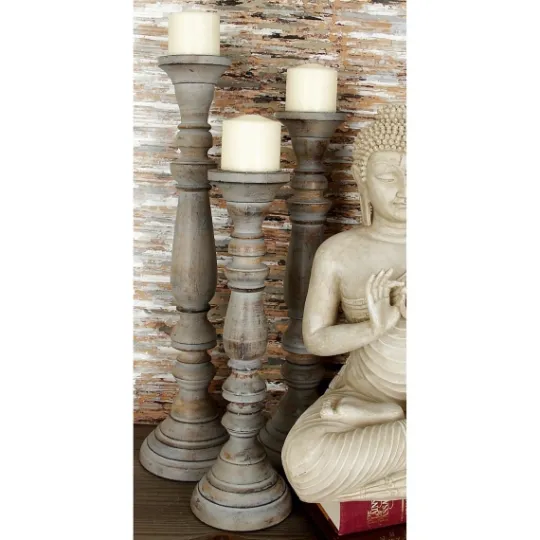 Kirkland's Home Slate Rustic Mango Wood 3-Pc. Candle Holder Set- Candle Holders