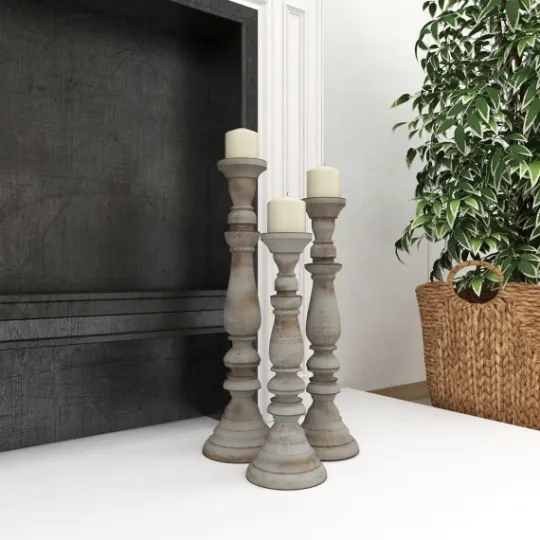 Kirkland's Home Slate Rustic Mango Wood 3-Pc. Candle Holder Set- Candle Holders