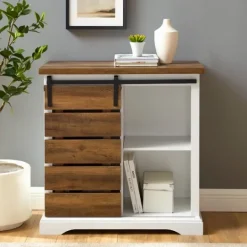 Kirkland's Home Slatted Sliding Barn Door White And Oak Cabinet- Cabinets & Sideboards