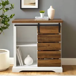 Kirkland's Home Slatted Sliding Barn Door White And Oak Cabinet- Cabinets & Sideboards