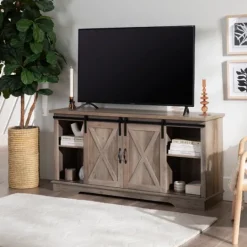 Kirkland's Home Sliding Barn Door Open Shelf Wash Tv Stand- Tv Stands & Media Consoles
