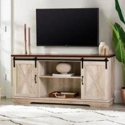 Kirkland's Home Sliding Barn Door Open Shelf White Tv Stand- Tv Stands & Media Consoles