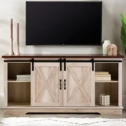 Kirkland's Home Sliding Barn Door Open Shelf White Tv Stand- Tv Stands & Media Consoles