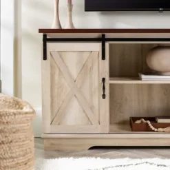 Kirkland's Home Sliding Barn Door Open Shelf White Tv Stand- Tv Stands & Media Consoles