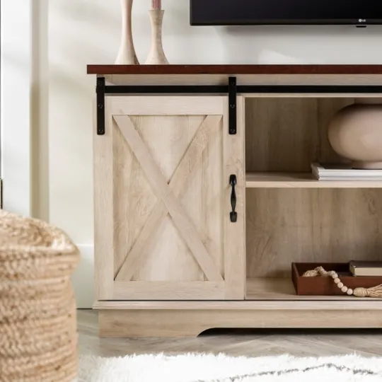 Kirkland's Home Sliding Barn Door Open Shelf White Tv Stand- Tv Stands & Media Consoles