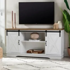 Kirkland's Home Sliding Door Rustic Oak Top Tv Stand- Tv Stands & Media Consoles