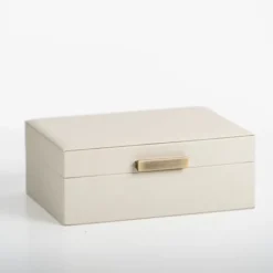 Kirkland's Home Small Beige Leather Brass Handle Box- Baskets & Boxes