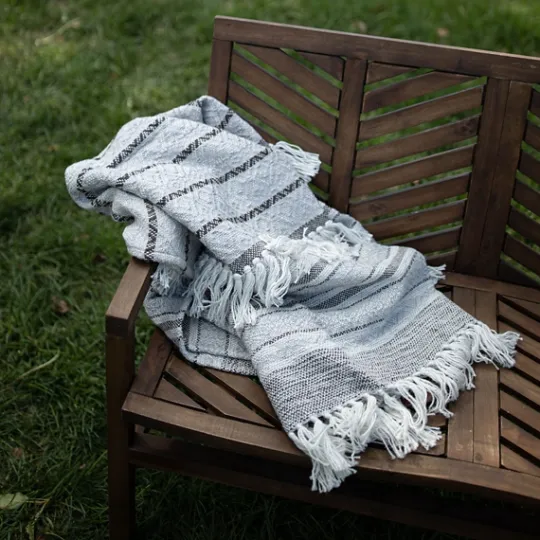 Kirkland's Home Smokey Gray Fringe Stripe Outdoor Throw Blanket- Blankets & Throws