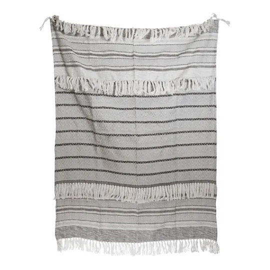 Kirkland's Home Smokey Gray Fringe Stripe Outdoor Throw Blanket- Blankets & Throws