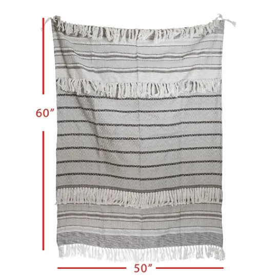 Kirkland's Home Smokey Gray Fringe Stripe Outdoor Throw Blanket- Blankets & Throws