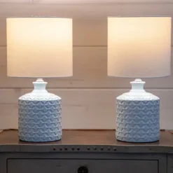 Kirkland's Home Soft Blue Embossed Ceramic Table Lamps, Set Of 2- Table Lamps