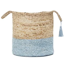 Kirkland's Home Spa Blue And Tan Woven Basket With Tassel, 17 In.- Baskets & Boxes
