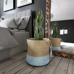 Kirkland's Home Spa Blue And Tan Woven Basket With Tassel, 19 In.- Baskets & Boxes