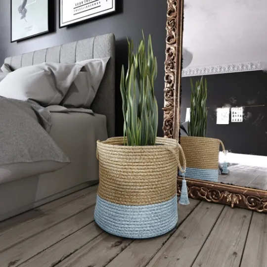 Kirkland's Home Spa Blue And Tan Woven Basket With Tassel, 19 In.- Baskets & Boxes