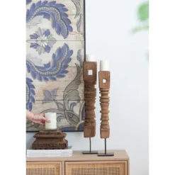 Kirkland's Home Square Carved Wood Pillar Candle Holder- Candle Holders