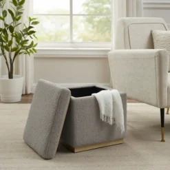 Kirkland's Home Square Sherpa Upholstered Storage Ottoman- Benches & Ottomans