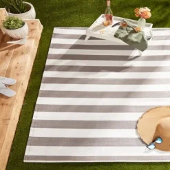 Kirkland's Home Stone And White Rugby Stripe Outdoor Area Rug, 4X6- Outdoor Rugs
