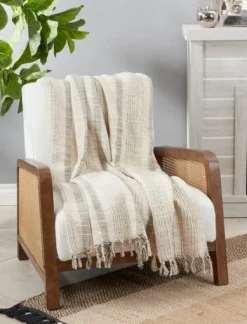 Kirkland's Home Stripes And Fringe Cream Throw Blanket- Blankets & Throws