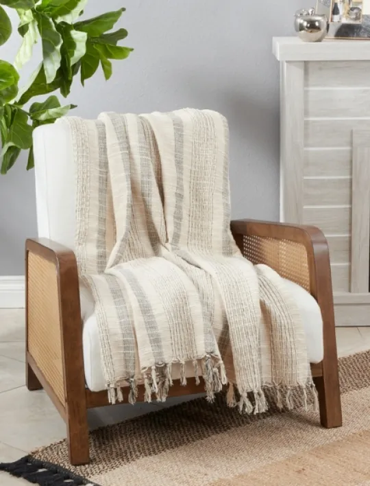Kirkland's Home Stripes And Fringe Cream Throw Blanket- Blankets & Throws