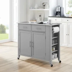 Kirkland's Home Susanne Stainless Top And Gray Wood Kitchen Island- Kitchen Islands & Bar Carts