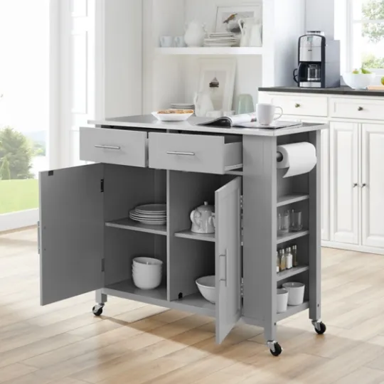 Kirkland's Home Susanne Stainless Top And Gray Wood Kitchen Island- Kitchen Islands & Bar Carts
